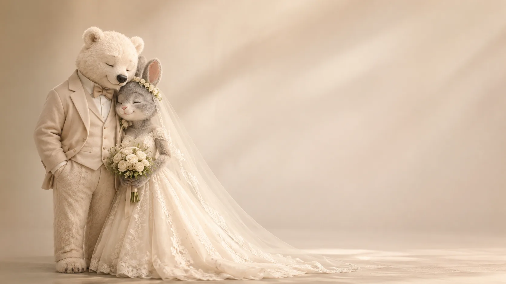 一對伴侶穿著婚禮服裝相依站立，身旁保留大片安靜留白。
