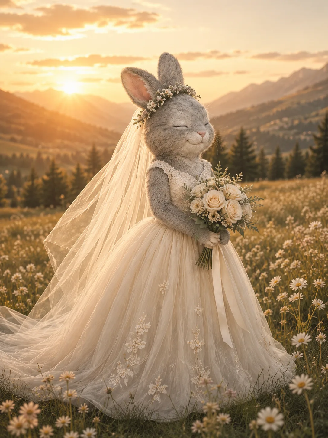 一位身穿婚禮服裝、手持花束的人物在山景前安靜站立。